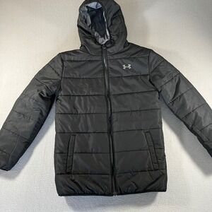 Under Armour boys Reversible pronto Puffer Jacket Black Grey Hooded Youth‎ XL